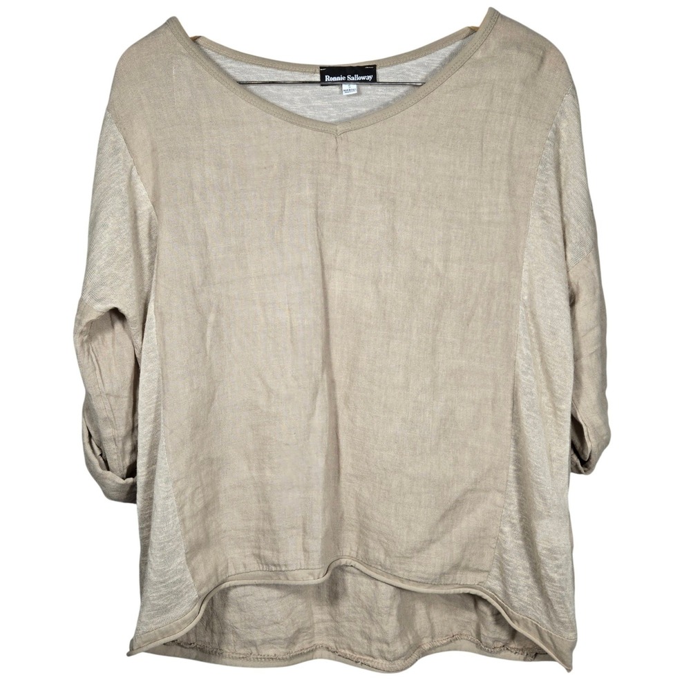 Ronnie Salloway 100% Linen Top Small Beige Made in Italy Roll Tab Sleeve 2041148